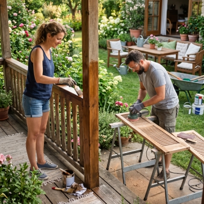 Una scena all'aperto piena di vita che mostra una coppia impegnata in progetti di fai da te in un giardino rigoglioso e fiorito. A sinistra, una donna bionda con canottiera blu e pantaloncini di jeans sta in piedi sulla pedana in legno di un portico, dipingendo con un pennello la ringhiera in legno. Vicino ai suoi piedi ci sono barattoli di vernice e uno straccio. A destra, un uomo con barba, maglietta grigia e pantaloncini corti sta usando una levigatrice orbitale elettrica su una persiana di legno posta su un cavalletto da lavoro. Dietro di lui, nell'erba, ci sono altri materiali e attrezzi, tra cui una carriola e lattine di vernice. Lo sfondo mostra un giardino ben curato con ortensie, rose e un'area salotto con mobili in legno e cuscini bianchi.