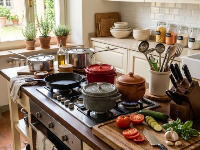 Una cucina luminosa e ben organizzata con un piano di lavoro in legno scuro e fornelli a gas accesi. Sopra i fuochi e sul piano ci sono diverse pentole di alta qualità, tra cui una bistecchiera in ghisa nera, pentole in acciaio inox e casseruole in ghisa smaltata (grigia e rossa) e terracotta. In primo piano, su un tagliere di legno, ci sono pomodori e zucchine affettati con un coltello da chef, aglio e basilico fresco. Sullo sfondo si notano barattoli di vetro con ingredienti secchi e piante aromatiche sul davanzale della finestra.