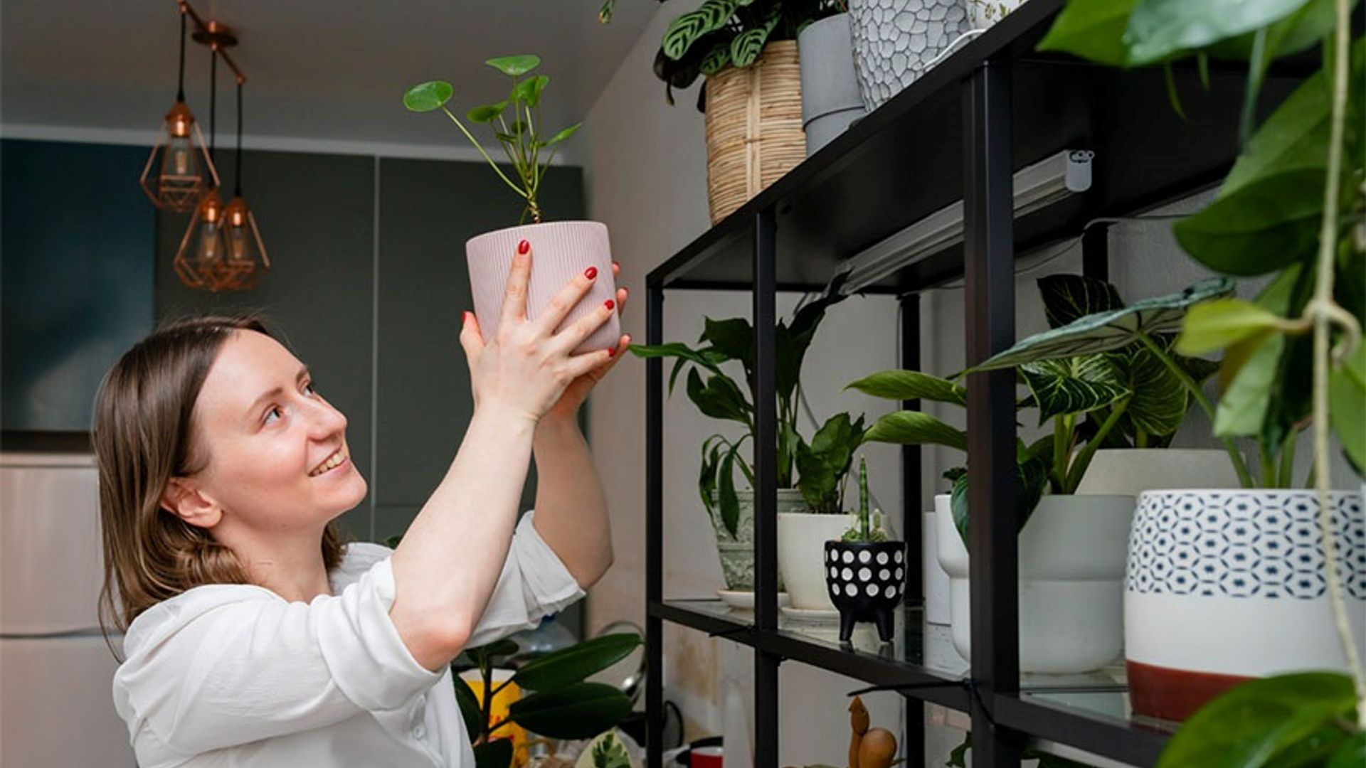 Ragazza che ammira un vaso da esterno con Pilea